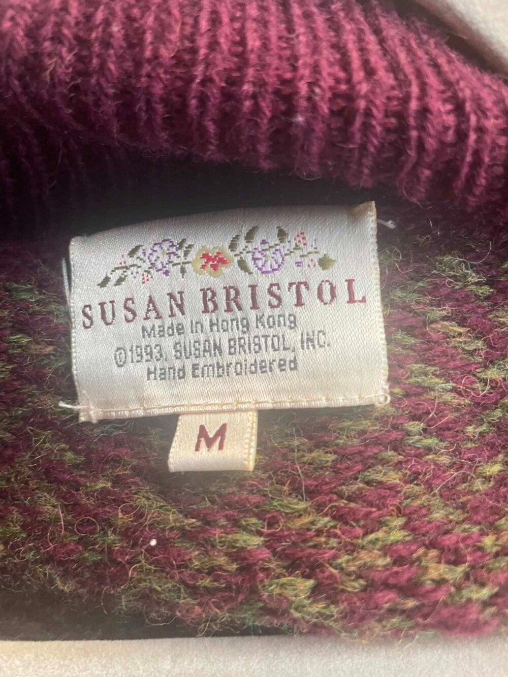 Vintage 90s Susan Bristol Wool Cardigan Sweater M Fall Equestrian Patchwork - Picture 6 of 8